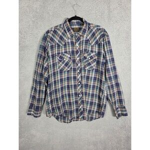 VTG BJ-R Western Shirt Mens XL Blue Tan Green Plaid Pearl Snap LS Cowboy Rodeo